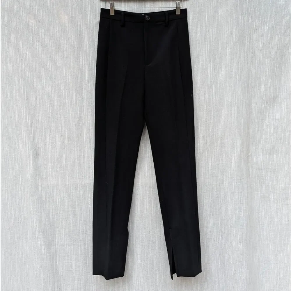 Zara Pants Womens XS Full Length Trousers Black Pleated Straight Leg Ankle Slit